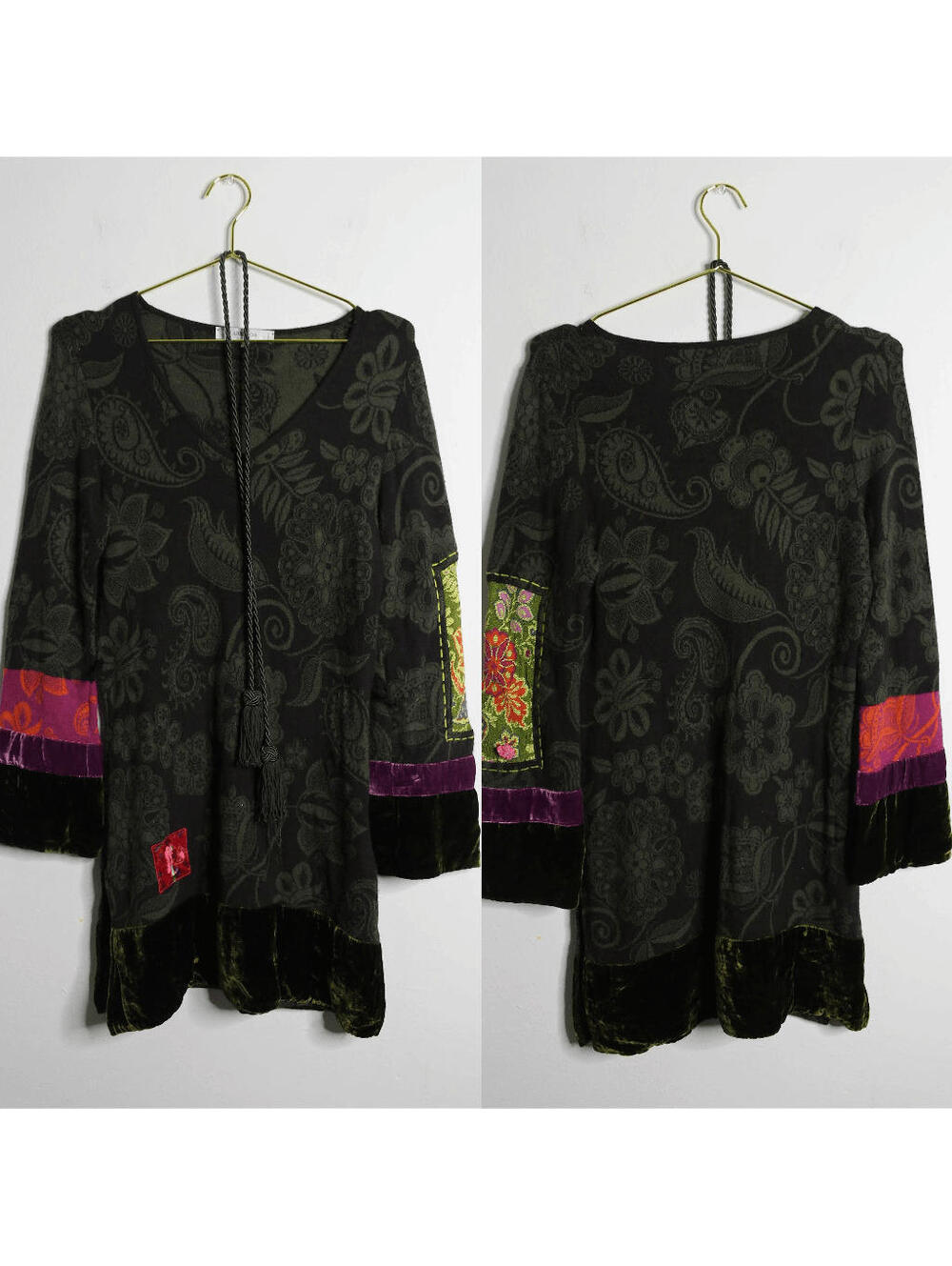 VTG Azuleros Knit Boho Patchwork Embroidered Velvet Dress - Medium